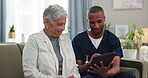 Old woman, man and tablet, nurse with patient for healthcare and medical information or help with social media. Support, African caregiver for elderly care and tech, telehealth and how to work app