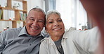 Senior couple, selfie and living room at home with smile, love and care together on a sofa. Social media, happy and face in a lounge with support and laughing in retirement with marriage on a couch