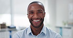 Smile, pride and face of businessman in office with positive, good and confident attitude for legal career. Happy, professional and portrait headshot of young male lawyer in modern workplace.