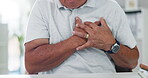 Hands, chest pain and heart attack, old person and cardiovascular health with emergency and angina. Heartburn, hypertension or lung disease, sick with asthma or stroke in medical crisis from stress