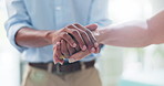 Doctor, patient and hands of empathy closeup at hospital with bad news, results or cancer diagnosis. Healthcare, support and male surgeon with sick woman for comfort, kindness or hope of recovery