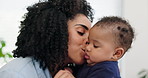 Mother, baby and kiss in bedroom with playing for bonding, motherhood and love with happiness. Family, woman and child with fun, care and morning routine in nursery for support, trust and wellness