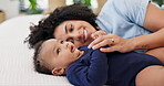 Mother, baby and happy in bedroom with bonding for playing, motherhood and love with comfort. Family, woman and child with smile, care and morning routine in nursery for support, trust and wellness