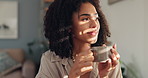 Thinking, calm and woman with coffee by window in apartment for relaxing weekend morning routine. Smile, peace and young female person drinking cappuccino, tea or latte in cup at modern home.