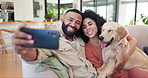 Happy couple, selfie and dog on couch in home for memory, relax and care for animal on web blog. Man, woman and pet on lounge sofa with photography, profile picture and post on app for social network