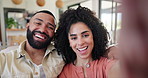 Happy couple, selfie and hug on sofa in home for memory, relax or care with smile on web blog. Man, woman and lounge sofa for photography, profile picture or face on app for social media in Colombia