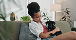 Woman, relax with puppy and pet love at home, calm and peace with animal care, hug for affection and bonding. Talking to dog, adoption or foster with embrace for loyalty and friendship with comfort