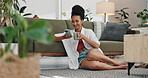 Relax, coffee and woman with phone on lounge floor with smile on social media meme, blog or funny text. Networking, connection and happy girl with tea cup in living room with smartphone for streaming