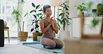 Relax, meditation and woman in living room with plants for peace, balance and spiritual wellness. Mindfulness, zen and gratitude, girl on floor in home with holistic exercise for calm mind and body.
