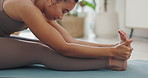Home, yoga and meditation with woman, stretching and exercise for wellness and healthy in a lounge. Person on the floor, apartment and girl with training and practice routine with fitness an flexible