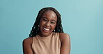 Face, black woman and braids treatment with happy in studio on blue background, positive energy and satisfied. Closeup, wellness and hygiene with healthy hair growth, wellbeing and style for care. 