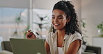 Video call, computer and woman designer at her home for online meeting working on creative project. Happy, technology and female freelancer on virtual discussion for remote job on laptop in apartment