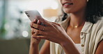 Closeup, woman and hands with smartphone for chat, online conversation and social media update for networking. App, social network and mobile phone for online discussion, post and conversation.