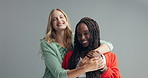 Women, hug and face in studio with happiness, lesbian and couple with commitment by gray background. Friends, diversity and LGBTQ in portrait in embrace, confident and together with love in mockup