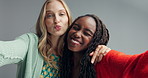 Happy, hug and selfie by woman friends in studio for profile picture, fun or bonding on grey background. Diversity, portrait and people embrace for social media blog, memory or reunion photography
