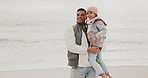 Happy, beach and father carrying girl with love and happiness with water and waves with adventure. Family, parent and dad with daughter and seaside with journey and ocean with nature and summer break