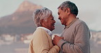 Forehead, beach and old couple dancing, hug and romance with marriage and celebration for anniversary. Love, embrace and senior man with mature woman and smile with peace, relationship and adventure