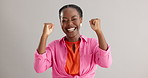 Yes, face and black woman with winner fist celebration in studio excited for competition results on grey background. Success, bonus or portrait of female model with emoji hands for giveaway promotion