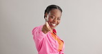 Happy, face and black woman with hand pointing to you on studio mockup with thank you gesture on grey background. Portrait, hey and African female model with vote choice, selection or deal offer