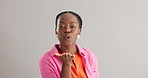 Face, lips and black woman with air kiss in studio for thank you gesture on grey background space. Portrait, hands and African female model with palm emoji for love, kindness or flirting expression