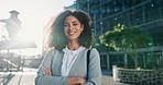 Business, face and happy woman with arms crossed in city street with positive attitude or confidence. Work, travel and portrait of lady entrepreneur with immigration pride, opportunity or career goal