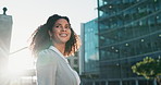 Woman, business and cbd with smile, commute and sunshine for work. Employee, buildings and street with city, office and walking with cape town entrepreneur and urban career or job at startup