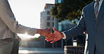 Business, people and handshake outdoors for welcome or greeting to career or corporate job, recruitment and hiring. Man, woman and shake hands for agreement or proposal for partnership deal and b2b.