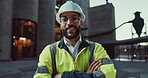 Face, architecture or happy man in city with arms crossed or smile for engineering or building. Construction site labor, night project and portrait of proud builder, confident worker and contractor