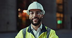 Face, architecture or happy man in city with confidence or smile for engineering labor or building. Construction site, safety and portrait of a proud builder, worker and contractor in night project