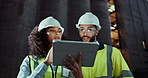 Engineer, people and talking by tablet for collaboration, night civil engineering app for construction in city. Man, woman or building contractor or teamwork or online research for urban development