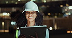 Engineer, woman and face with tablet for technology, night civil engineering app for construction in city. Portrait, happy or professional contractor in town or online research for urban development