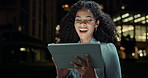 Tablet, laugh and happy woman in a city at night with funny social media, review or client feedback. Digital, search and female worker with gif, meme or web scroll on evening urban travel or commute