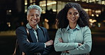 Business, face and women with arms crossed in city at night with career, pride or goal outdoor. Portrait, travel or female lawyer team in Mexico with power pose, mindset or happy for law firm startup