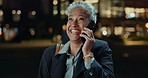 City, night and business woman with phone call for communication, networking and chat. Senior CEO, boss or professional lawyer talking on her mobile for legal news, information and laughing outdoor