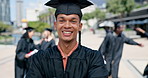 Face, school and graduation with student man outdoor on campus of college of university. Portrait, smile and success with happy young person at education ceremony or event of tradition in summer