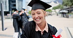 Face, graduation and funny with student woman outdoor on campus of college of university. Portrait, certificate and education with funny young person laughing in celebration at school ceremony