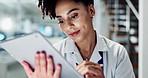 Science, laboratory and woman on tablet for online research, medical analysis and report. Healthcare, biotechnology and scientist on digital tech and equipment for experiment, lab study and results