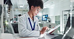 African woman, scientist and tablet in laboratory with data analysis, app and notes for pharma research. Person, lab and digital touchscreen with click, ideas and checklist for inspection for science