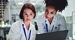 Team, women and scientist in laboratory with laptop, tablet and check results with thinking for innovation. People, partnership and tech for science, studying and data analysis for pharma research