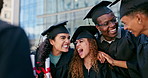 University, celebration or excited students at graduation for certificate, education or success. Graduate, school or college friends for diversity, diploma or academic award, milestone or achievement