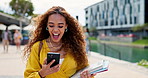 Phone, laughing and happy woman outdoor with funny social media, chat or gif communication. University, education and female student at campus with smartphone, app or texting, meme or silly message