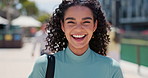 Happy, face and woman in a city for morning, travel and university commute outdoor. Education, college and portrait of female student with books on campus for studying, learning or future career goal