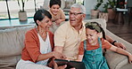 Grandparents, movie or kids with tablet in a family home for film streaming or education learning. Smile, children siblings or happy senior grandfather on sofa with grandma on technology to relax