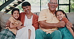 Happy kids, hug or face of grandparents with smile, care or love for support in family home together. Elderly grandma, laughing or children siblings on sofa with grandfather to relax in retirement