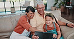 Grandparents, movie or girl with tablet in a family home for film streaming, video or education learning. Smile, child or happy senior grandfather on sofa with grandma or kids on technology to relax