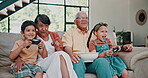 People, sofa and controller for multi generation, gaming or bonding together in family home. Senior citizen, children or console remote on couch as fun, play or babysitting in childhood or retirement