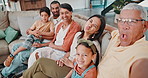 Funny face, smile or big family in a selfie with happy kids on sofa to relax on social media in home. Hug, love or dad taking a fun picture or photograph with mom, grandparents or children siblings