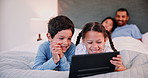 Tablet, smile and kids on bedroom in home, learning or watch cartoon of family bonding together. Technology, happy children or siblings in bed on internet for game, conversation or relax with parents