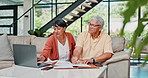 Senior couple, laptop and taxes in home with talking, reading and writing for finance, budget or investment. People, old woman and elderly man by computer, retirement income or paperwork for savings