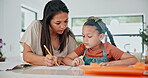 Mother, child and homework with angry stress for adhd distraction at desk or overwhelmed mom, discipline or school. Parent, daughter and paperwork project or autism concentration, unhappy or pressure